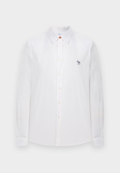 Camicia bianca a maniche lunghe in cotone con colletto button-down. Presenta un logo di un cavallo multicolore ricamato sul petto.