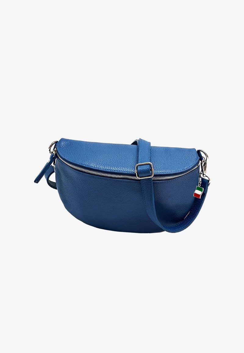 Blauwe leren crossbodytas met een ronde vorm, zilveren rits en verstelbare schouderriem. Beschikt over een klein accent van de Italiaanse vlag. Gladde textuur.