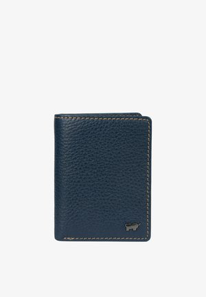 Portafoglio in pelle blu navy con superficie testurizzata, cuciture tan a contrasto e piccolo logo nero nell'angolo in basso a destra.