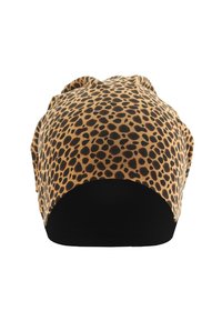 Čiapka s leopardím vzorom v hnedej a čiernej farbe, vyrobená z hladkej tkaniny. Má čierny základ a priliehavý, tubulárny dizajn.