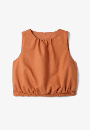 Mouwloze cropped top in verbrande oranje met ronde hals, plooien onder de kraag en gevlochten rand aan de elastische zoom.