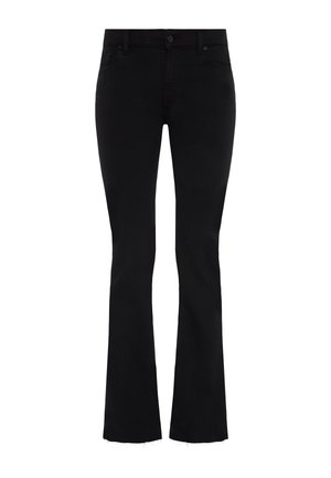 Schwarze weit geschnittene Jeans aus weichem Denim, mit einem Frontknopfverschluss, Gürtelschlaufen und rohem Saumdetail an den Knöcheln.
