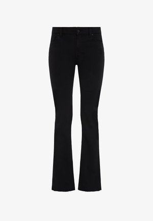 Black flared jeans made of soft denim, featuring a front button closure, belt loops, and raw hem detail at the ankles.