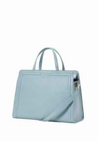 Borsa a tracolla blu in pelle con doppio manico superiore e una tracolla staccabile. Presenta linee pulite e un design strutturato per un aspetto moderno.