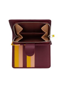 Burgundy wallet with a zip closure, featuring multiple compartments and colorful striped accents in yellow, pink, and beige. Smooth leather texture.