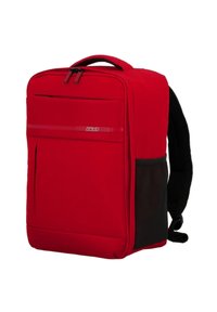 Rode rugzak van duurzaam stof, met een ruime hoofdcompartiment, een voorklep met rits en een zwarte netzak aan de zijkant. Gewatteerde schouderbanden.