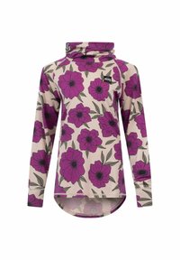 Langärmliges Oberteil in hellbeige mit lila Blumenmuster, mit hohem Schalkragen und abgerundetem Saum. Markenlabel vorne angebracht.