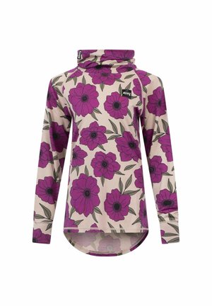 Long-sleeve top in light beige with purple floral pattern, featuring a high cowl neck and curved hemline. Brand label displayed on front.