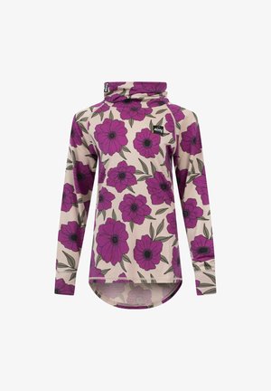 Langärmliges Oberteil in hellbeige mit lila Blumenmuster, mit hohem Schalkragen und abgerundetem Saum. Markenlabel vorne angebracht.