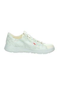 White sneaker featuring a floral pattern, smooth texture, rounded toe, and rubber sole. Includes red accent details and laces.