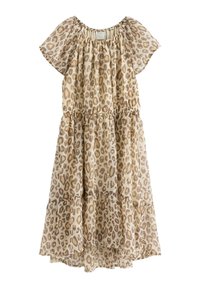Leopardprint jurk in beige en bruine tinten, met een gegatherde halslijn, korte, flottende mouwen en een gelaagde, vloeiende ontwerp.