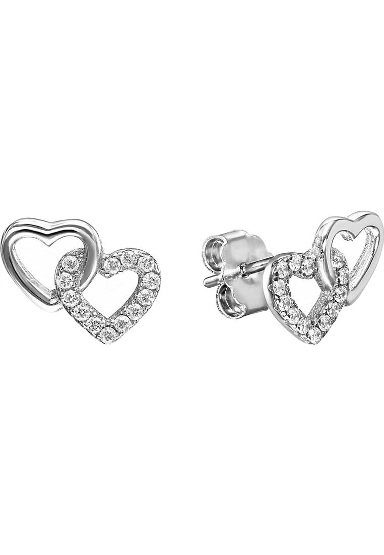 Silver heart-shaped stud earrings featuring one heart outlined in a smooth finish and another adorned with clear, sparkling gemstones.