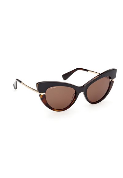 Lunettes de soleil œil-de-chat en écaille et noir avec des verres bruns et des branches en métal doré fin.