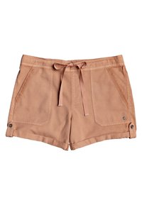 Světlé hnědé šortky vyrobené z měkké látky, s elastickým pasem na šňůrku, dvěma předními kapsami a knoflíkovými detaily na spodním lemu.