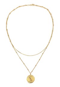 Halskæde i gylden farvetone med to lagkæder og et spiralvedhæng med et struktureret design. Lukkes med karabinlukning.