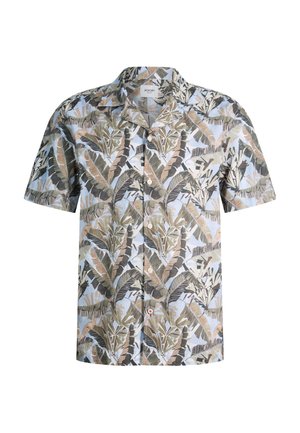 Kurzärmliges Hemd mit Knopfleiste und tropischem Blattmuster in Grün-, Beige- und Schwarztönen auf hellblauem Hintergrund.