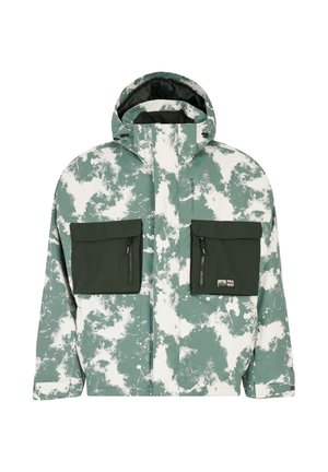 Groene en witte jas met een patroon, voorzien van een capuchon, twee grote voorzakken en een ritsclosing. Gemaakt van duurzaam materiaal.