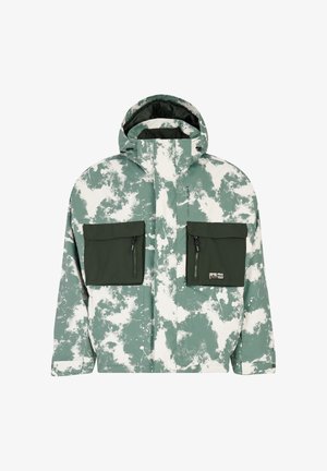 Groene en witte jas met een patroon, voorzien van een capuchon, twee grote voorzakken en een ritsclosing. Gemaakt van duurzaam materiaal.