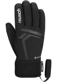 Sorte isolerede handsker med en tekstureret overflade, elastisk manchet og en lynlåslomme; fremstillet med Gore-Tex og designet til koldt vejr.