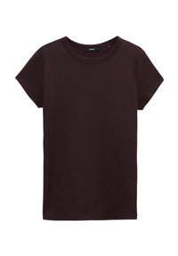 Tmavě hnědé ribbed tričko s kulatým výstřihem a krátkými rukávy. Materiál vypadá hladce s mírnou strukturou. Žádné viditelné vzory nebo akcenty.