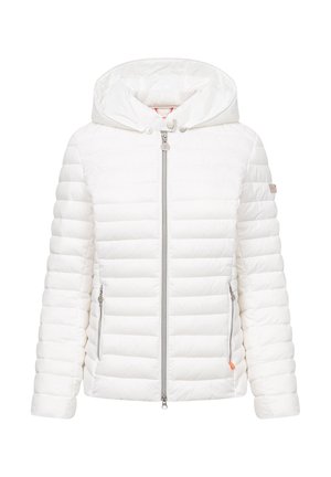 Biała pikowana kurtka puchowa z poziomym przeszyciem, zamkiem błyskawicznym z przodu, bocznymi kieszeniami na zamek oraz przyszytym kapturem z regulowanymi zatrzaskami.