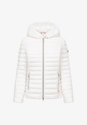 Biała pikowana kurtka puchowa z poziomym przeszyciem, zamkiem błyskawicznym z przodu, bocznymi kieszeniami na zamek oraz przyszytym kapturem z regulowanymi zatrzaskami.