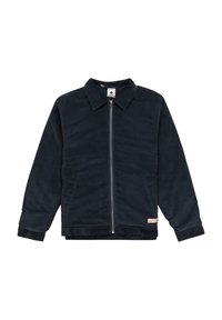 Navy corduroy jacket with a zip front, collared design, two side pockets, and a textured finish. Label stitched at the hem.