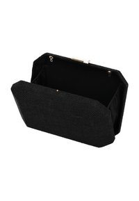 Fekete textúrájú clutch táska geometrikus formával. Belül fekete szövet béleléssel rendelkezik, fém klippes zárással és minimális hardverrel.