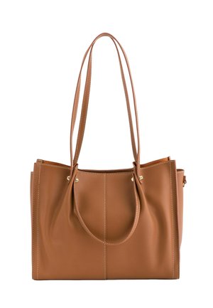 Brown leather tote bag with dual long handles and visible stitching, structured rectangular shape, on white background.