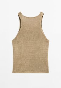 Beige gebreide tanktop met een ronde halslijn, mouwloos ontwerp en textuurstof. Heeft een getailleerde silhouette met schone randen.