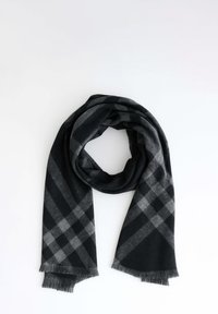 Sciarpa a quadri nera e grigia realizzata in tessuto morbido, con bordi sfrangiati e un design lungo e avvolgente, appoggiata su uno sfondo bianco.