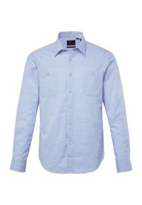 Helles blaues Langarmhemd aus strukturiertem Stoff, mit durchgehender Knopfleiste, zwei Brusttaschen und silbernen Knöpfen.