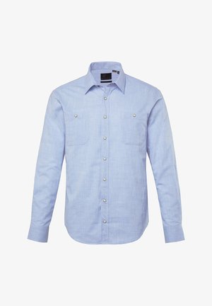 Lichtblauwe overhemd met lange mouwen, gemaakt van een geweven stof, met een knoopsluiting aan de voorkant, twee borstzakken en zilveren knopen.