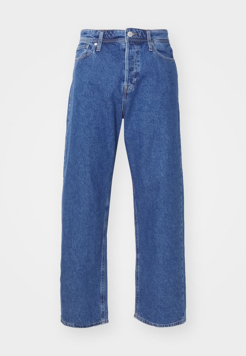Jeans in denim blu con un design a gamba dritta, caratterizzati da una chiusura con bottone e zip, stile a cinque tasche e dettagli di cucitura minimal.