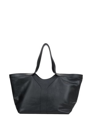 Schwarze Leder-Tasche mit zwei Schulterriemen und breiter offener Oberseite, gestaltet zum Tragen von alltäglichen Essentials.