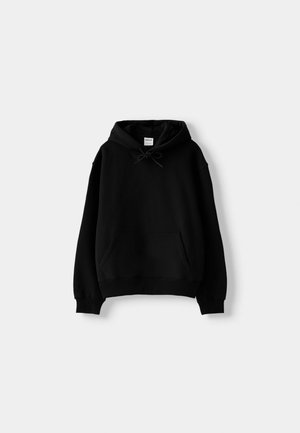 Black hoodie made of cotton blend fabric, featuring a front pocket, adjustable drawstring hood, and ribbed cuffs and hem.