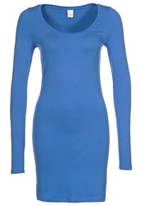 Dlouhé šaty v jasně modré barvě, přiléhavý střih s kulatým výstřihem, vyrobené z měkké, elastické tkaniny, hladká textura a bez vzorů či akcentů.