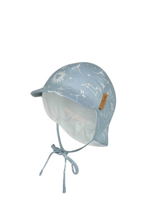 Light blue baby hat with white constellation and sun prints, soft lining, and adjustable chin tie.