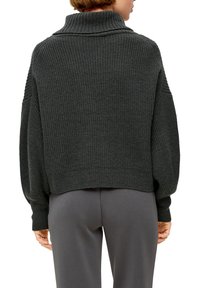 Ciemnoszary, krótki sweter dzianinowy z wysokim kołnierzem, szerokimi rękawami i teksturowanym ściągaczem. Nosi się go na szarych spodniach, prezentując swobodny krój.