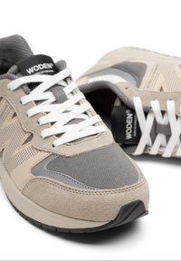 Beżowe i szare sneakersy z siateczkowymi i zamszowymi teksturami, z białymi sznurówkami, wyściełanym językiem i logo na języku. Gumowa podeszwa.