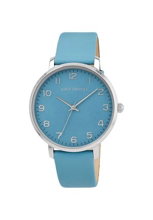 Aqua-blaue Analog-Uhr mit Lederarmband, Gehäuse aus silberfarbenem Metall und einfachen Stundenmarkierungen auf einem strukturierten Zifferblatt.