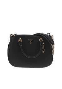 Borsa sintetica nera con doppi manici superiori, hardware color oro e una tracolla decorata con catena. Presenta un logo triangolare sul davanti.