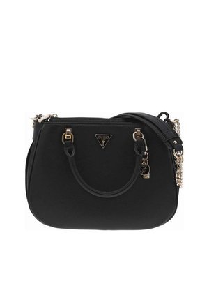 Borsa sintetica nera con doppi manici superiori, hardware color oro e una tracolla decorata con catena. Presenta un logo triangolare sul davanti.