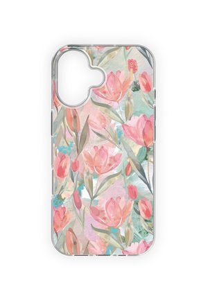 Clear phone case with pink and coral tulip flowers and green leaves on a pastel watercolor background.