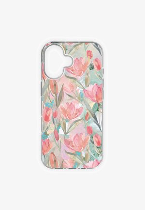 Clear phone case with pink and coral tulip flowers and green leaves on a pastel watercolor background.