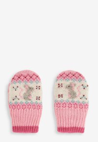 Gestrickte Fäustlinge in einem rosa und cremefarbenen Farbschema, mit einem Kaninchenmotiv in der Mitte und einem gemusterten Bund. Weiche Textur und runde Form.