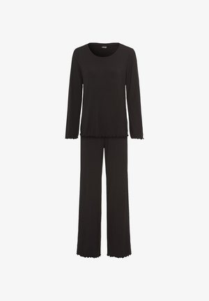 Μαύρο ριγέ σετ λουναρίων με μακρυμάνικη μπλούζα και στρογγυλή λαιμόκοψη, συνοδευόμενο από ένα αντίστοιχο ζευγάρι φλοράν παντελονιών με κυματιστές άκρες.