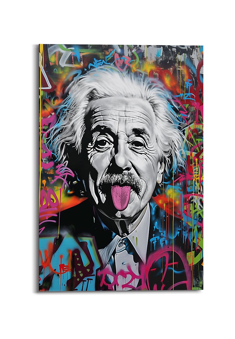 Graffiti-Stil Porträt eines Mannes mit hellgrauen Haaren und Schnurrbart, der die Zunge rausstreckt. Der Hintergrund zeigt bunte, abstrakte Graffiti.