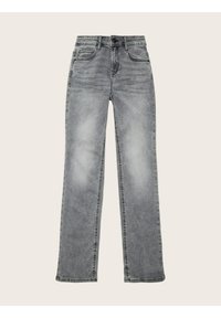 Jeans de mezclilla gris con corte recto, secciones desgastadas, cinco bolsillos y un clásico cierre con botón y cremallera. Detalles de costura visibles.