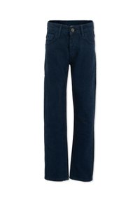 Pantaloni in cotone blu navy, design a gamba dritta, con tasche frontali e chiusura con bottone. Texture liscia con dettagli di cucitura sottili.